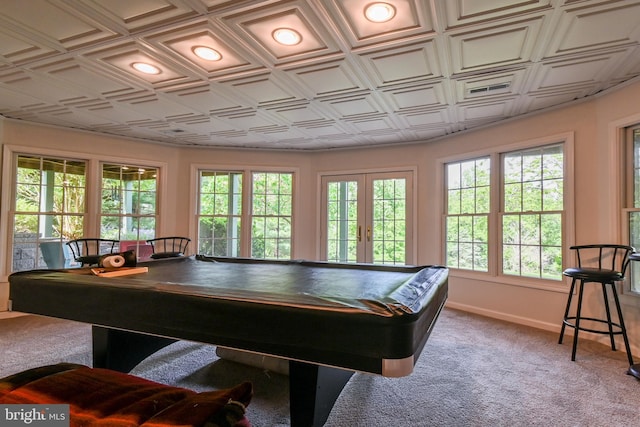 170 Vaughndom Way, Martinsburg, WV 25404 - rec room with carpet flooring, pool table, baseboards, french doors, and an ornate ceiling