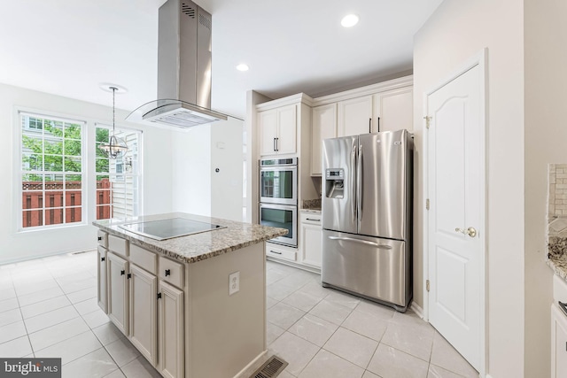 21934 Windover Dr, Broadlands, VA 20148 - kitchen featuring appliances with stainless steel finishes, island range hood, light tile patterned flooring, a chandelier, and recessed lighting