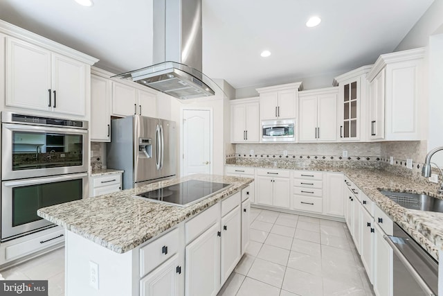 21934 Windover Dr, Broadlands, VA 20148 - kitchen featuring stainless steel appliances, a sink, island exhaust hood, a kitchen island, and white cabinets
