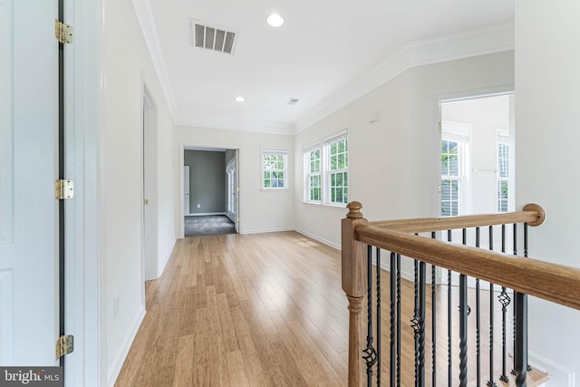 21934 Windover Dr, Broadlands, VA 20148 - corridor featuring crown molding, an upstairs landing, light wood finished floors, baseboards, and recessed lighting
