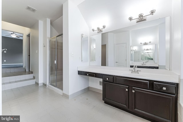 21934 Windover Dr, Broadlands, VA 20148 - bathroom featuring a stall shower, vanity, a ceiling fan, and baseboards