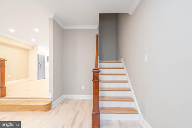 1420 Alexander Way, Bensalem, PA 19020 - stairs featuring wood finished floors, crown molding, baseboards, and recessed lighting