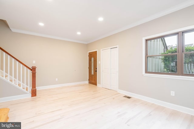 1420 Alexander Way, Bensalem, PA 19020 - unfurnished living room featuring ornamental molding, light wood-type flooring, stairway, recessed lighting, and baseboards