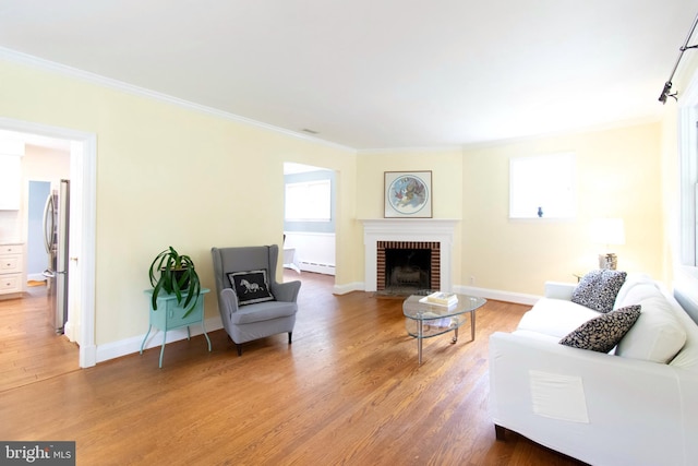 6306 Blackburn Ct, Baltimore, MD 21212 - living area with ornamental molding, baseboard heating, light wood finished floors, a fireplace, and baseboards