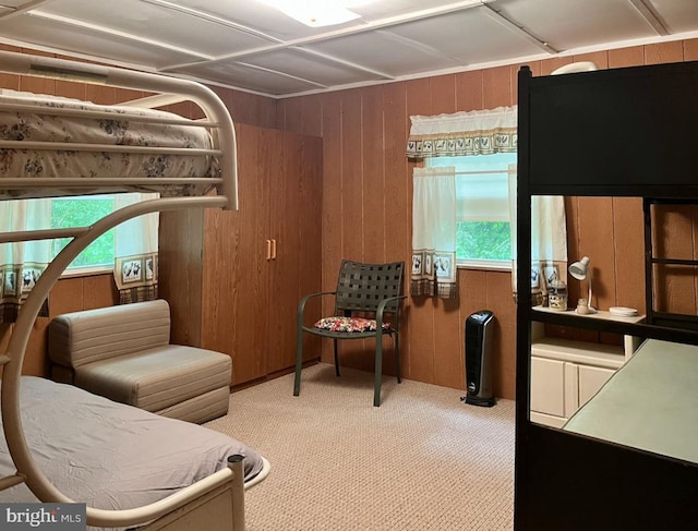 1374 Mccabe Rd, Landisburg, PA 17040 - bedroom featuring multiple windows, light colored carpet, and wooden walls