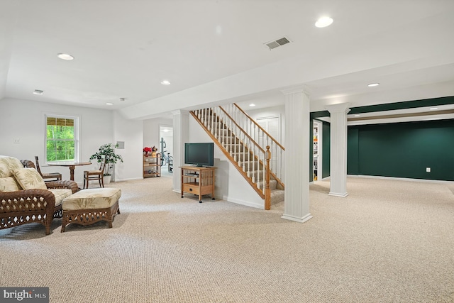 9020 Old Dominion Dr, Mclean, VA 22102 - living room featuring carpet floors, ornate columns, recessed lighting, baseboards, and stairs