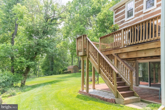9020 Old Dominion Dr, Mclean, VA 22102 - view of grassy yard with a wooden deck and stairway