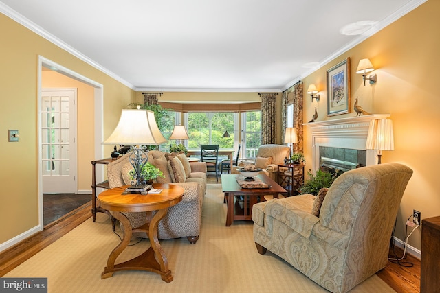 9020 Old Dominion Dr, Mclean, VA 22102 - living room with ornamental molding, wood finished floors, a fireplace, and baseboards