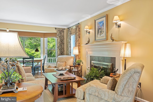 9020 Old Dominion Dr, Mclean, VA 22102 - living area featuring ornamental molding, a tile fireplace, and wood finished floors