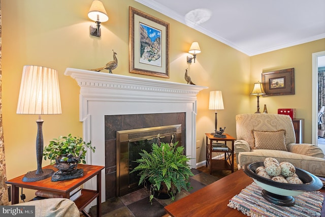 9020 Old Dominion Dr, Mclean, VA 22102 - living area with a tile fireplace and crown molding