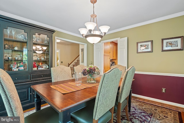 9020 Old Dominion Dr, Mclean, VA 22102 - dining room featuring a chandelier, crown molding, stairway, and baseboards