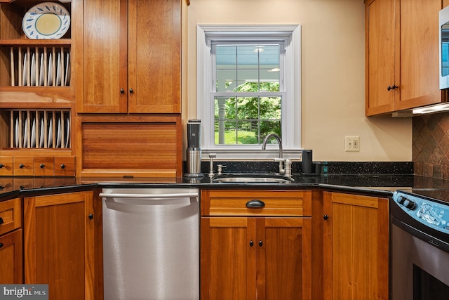 9020 Old Dominion Dr, Mclean, VA 22102 - kitchen with stainless steel appliances, a sink, open shelves, and brown cabinets