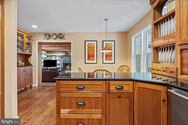 9020 Old Dominion Dr, Mclean, VA 22102 - kitchen featuring dishwasher, brown cabinets, light wood-type flooring, pendant lighting, and recessed lighting