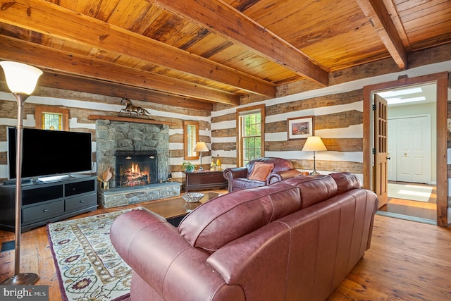 9020 Old Dominion Dr, Mclean, VA 22102 - living area with hardwood / wood-style flooring, wood ceiling with exposed beams, and a fireplace