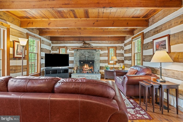 9020 Old Dominion Dr, Mclean, VA 22102 - living area with wooden ceiling with exposed beams, hardwood / wood-style floors, and a fireplace