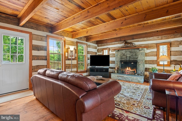 9020 Old Dominion Dr, Mclean, VA 22102 - living room featuring wooden ceiling with exposed beams, light wood finished floors, and a fireplace