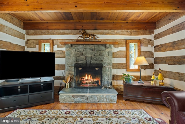 9020 Old Dominion Dr, Mclean, VA 22102 - living area featuring wooden ceiling with exposed beams, hardwood / wood-style flooring, and a fireplace