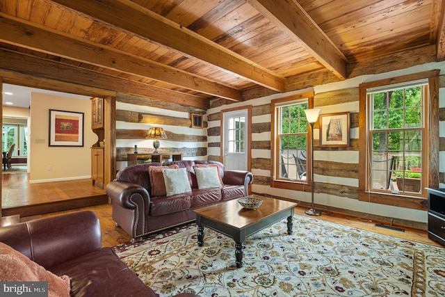 9020 Old Dominion Dr, Mclean, VA 22102 - living room featuring wooden ceiling with exposed beams, hardwood / wood-style floors, and baseboards