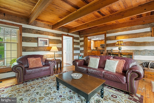 9020 Old Dominion Dr, Mclean, VA 22102 - living room featuring wood-type flooring and wood ceiling with exposed beams