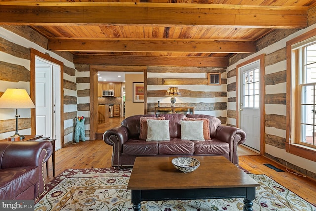 9020 Old Dominion Dr, Mclean, VA 22102 - living area featuring wooden ceiling with exposed beams and light wood-style floors