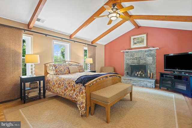 9020 Old Dominion Dr, Mclean, VA 22102 - bedroom with wood finished floors, a fireplace, and a ceiling fan