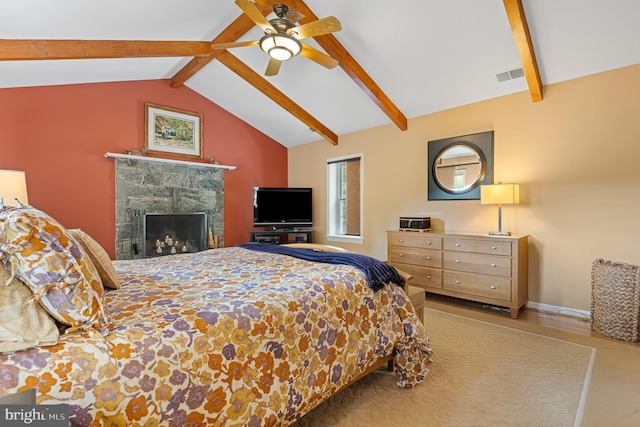 9020 Old Dominion Dr, Mclean, VA 22102 - carpeted bedroom featuring a stone fireplace, ceiling fan, and baseboards