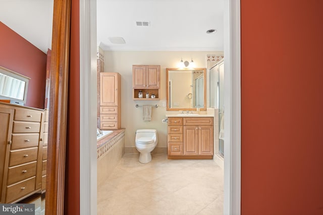 9020 Old Dominion Dr, Mclean, VA 22102 - full bathroom featuring a shower stall, vanity, toilet, tile patterned flooring, and crown molding