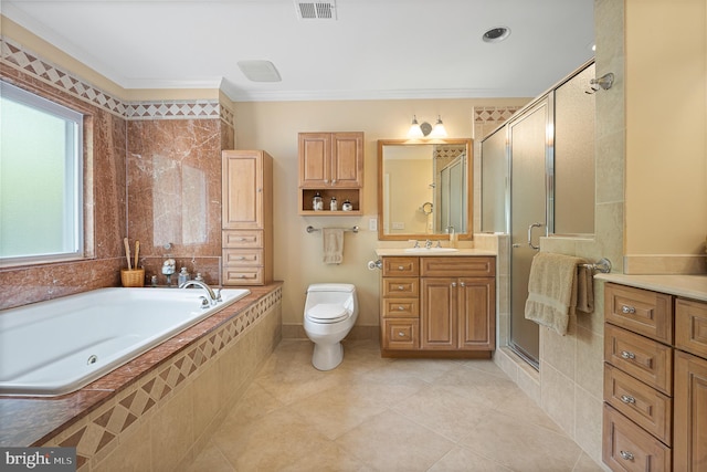 9020 Old Dominion Dr, Mclean, VA 22102 - full bathroom featuring vanity, a bath, a shower stall, toilet, and crown molding