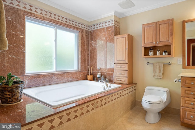 9020 Old Dominion Dr, Mclean, VA 22102 - bathroom with a garden tub, vanity, toilet, crown molding, and tile patterned floors