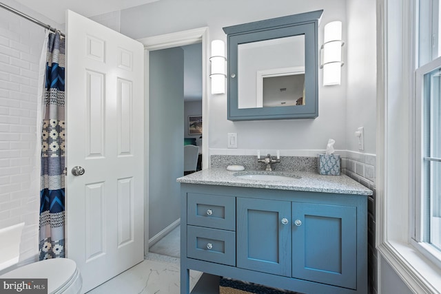 9020 Old Dominion Dr, Mclean, VA 22102 - full bathroom with vanity, marble look tile flooring, curtained shower, and toilet