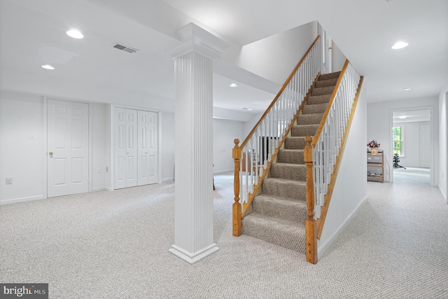9020 Old Dominion Dr, Mclean, VA 22102 - stairs featuring carpet floors, baseboards, recessed lighting, and decorative columns