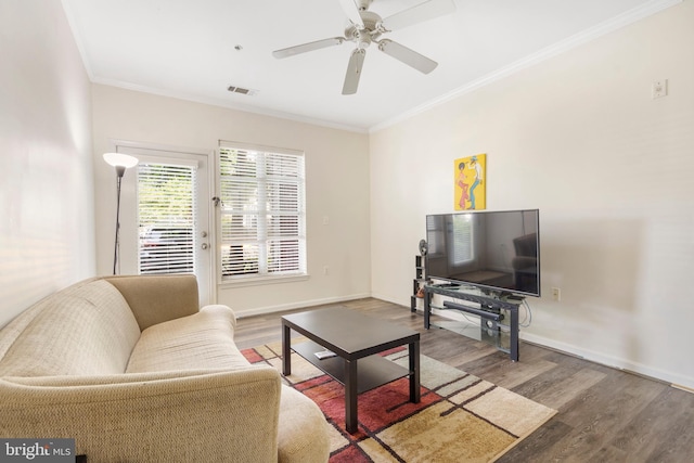 5170 William Colin Ct, Centreville, VA 20120 - living area featuring wood finished floors, crown molding, ceiling fan, and baseboards