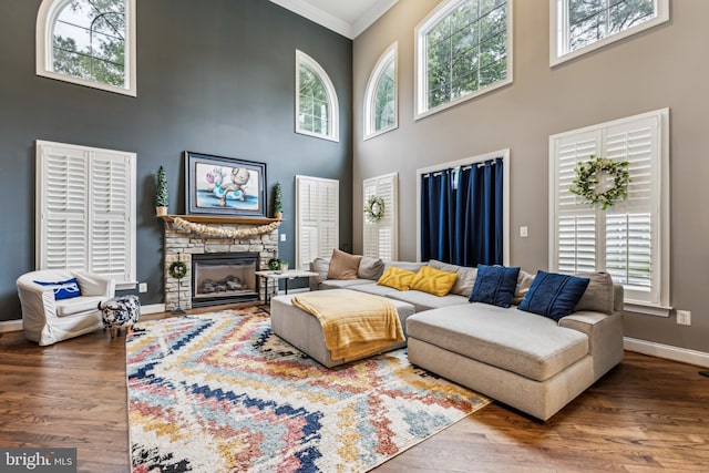 13128 Kahns Rd, Manassas, VA 20112 - living room featuring crown molding, a high ceiling, baseboards, a stone fireplace, and wood finished floors