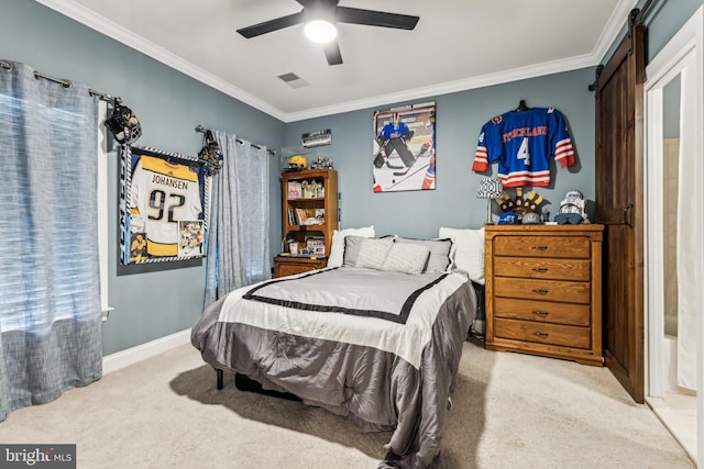 13128 Kahns Rd, Manassas, VA 20112 - carpeted bedroom with ornamental molding, a barn door, a ceiling fan, and baseboards