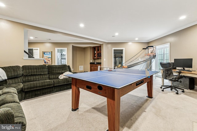 13128 Kahns Rd, Manassas, VA 20112 - recreation room featuring light colored carpet, recessed lighting, crown molding, and a desk
