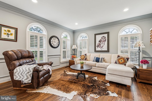13128 Kahns Rd, Manassas, VA 20112 - living room with ornamental molding, wainscoting, wood finished floors, recessed lighting, and a decorative wall