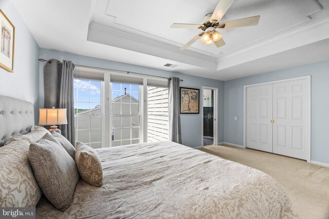 6249 Auburn Leaf Ln, Alexandria, VA 22312 - carpeted bedroom with a raised ceiling, baseboards, a ceiling fan, access to outside, and crown molding