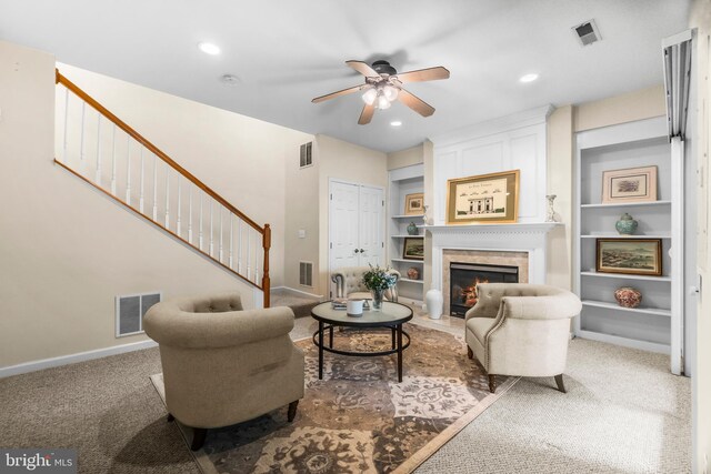 6249 Auburn Leaf Ln, Alexandria, VA 22312 - living area featuring stairway, a ceiling fan, a fireplace with flush hearth, baseboards, and recessed lighting