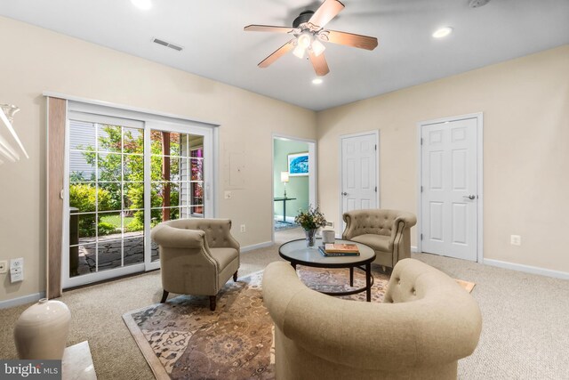 6249 Auburn Leaf Ln, Alexandria, VA 22312 - living room featuring light carpet, baseboards, a ceiling fan, and recessed lighting