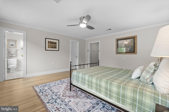 6358 Brampton Ct, Alexandria, VA 22304 - bedroom featuring light wood-style flooring, baseboards, ornamental molding, ensuite bath, and a ceiling fan