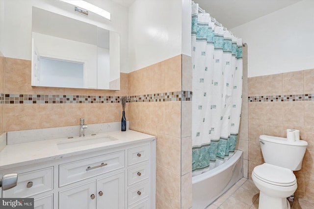 6009 Shady Spring Ave, Rosedale, MD 21237 - bathroom featuring tile walls, toilet, vanity, shower / bath combo with shower curtain, and tile patterned flooring