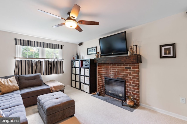 207 Wilshire Ln, Newark, DE 19711 - living area with a fireplace, carpet, ceiling fan, and baseboards
