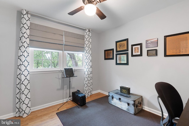 207 Wilshire Ln, Newark, DE 19711 - home office featuring a ceiling fan, baseboards, and wood finished floors