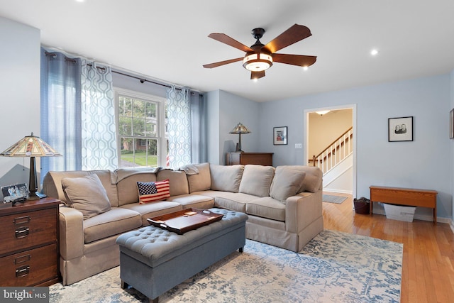 207 Wilshire Ln, Newark, DE 19711 - living room with a ceiling fan, light wood-type flooring, stairway, recessed lighting, and baseboards