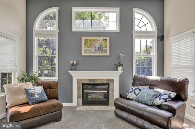 29 Colorado Ave, Sinking Spring, PA 19608 - carpeted living room featuring baseboards, a premium fireplace, and a towering ceiling