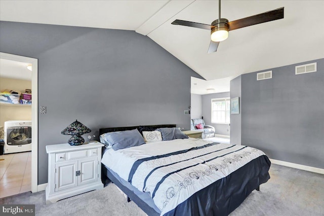 29 Colorado Ave, Sinking Spring, PA 19608 - bedroom with washer / dryer, vaulted ceiling, light colored carpet, ceiling fan, and baseboards