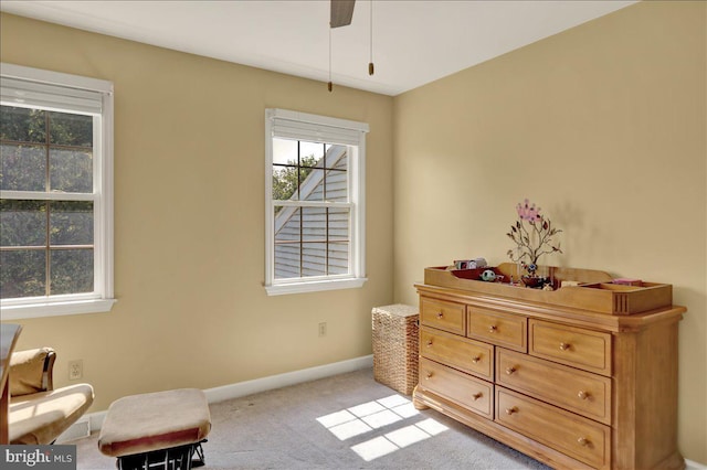 29 Colorado Ave, Sinking Spring, PA 19608 - living area featuring baseboards, carpet floors, and a ceiling fan