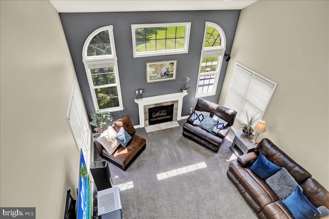 29 Colorado Ave, Sinking Spring, PA 19608 - living area featuring carpet flooring, a high end fireplace, and a towering ceiling