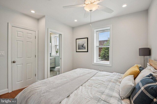 300 15th St SE, Washington, DC 20003 - bedroom with recessed lighting, wood finished floors, ensuite bath, and ceiling fan