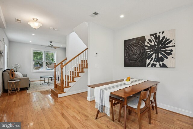 300 15th St SE, Washington, DC 20003 - dining space featuring light wood-type flooring, stairway, ceiling fan, baseboards, and recessed lighting